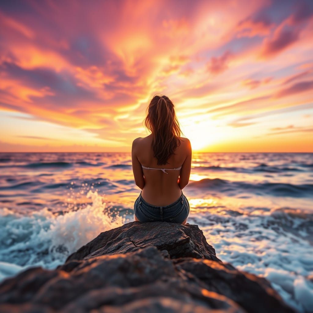 Woman in Sunset Glow on Rocky Ocean's Edge