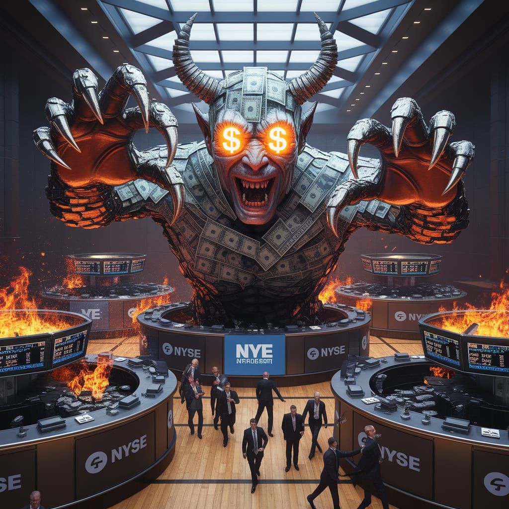 Demon of Wealth Crushes Wall Street in Fiery Chaos