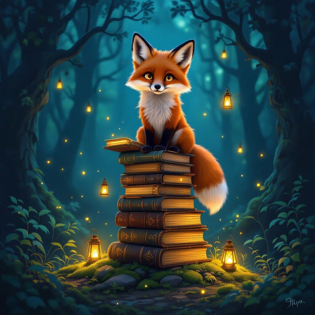 Whimsical Fox Reading in Enchanted Forest