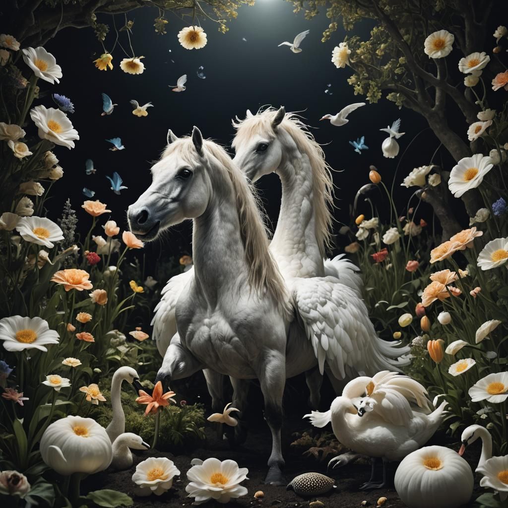 Photorealistic Swan-Horse Hybrid in Night Garden
