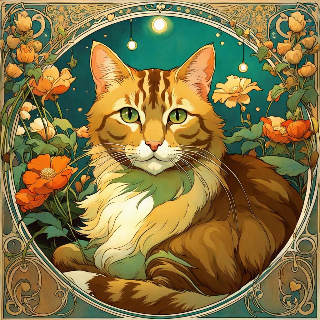 Cat Surrounded by Flowers in Art Nouveau Style