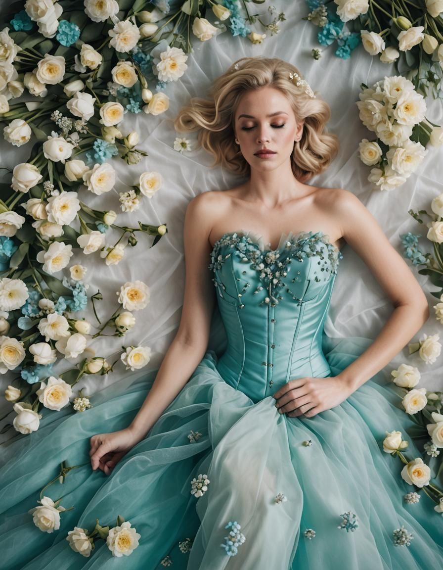 Blonde Woman in Tulle Dress Fashion Photograph