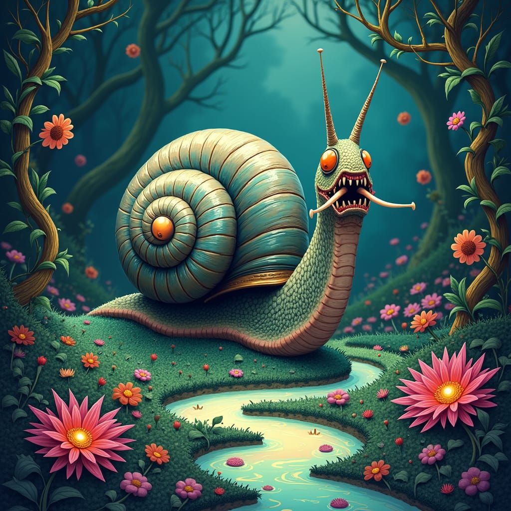 Surreal Snail Dreamscape: Sinister Graphic Novel Creature