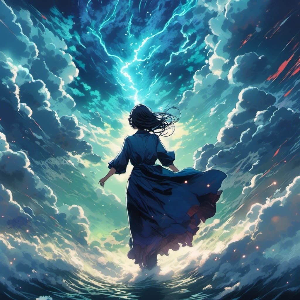 Anime Woman in Thunderstorm with Dramatic Lighting