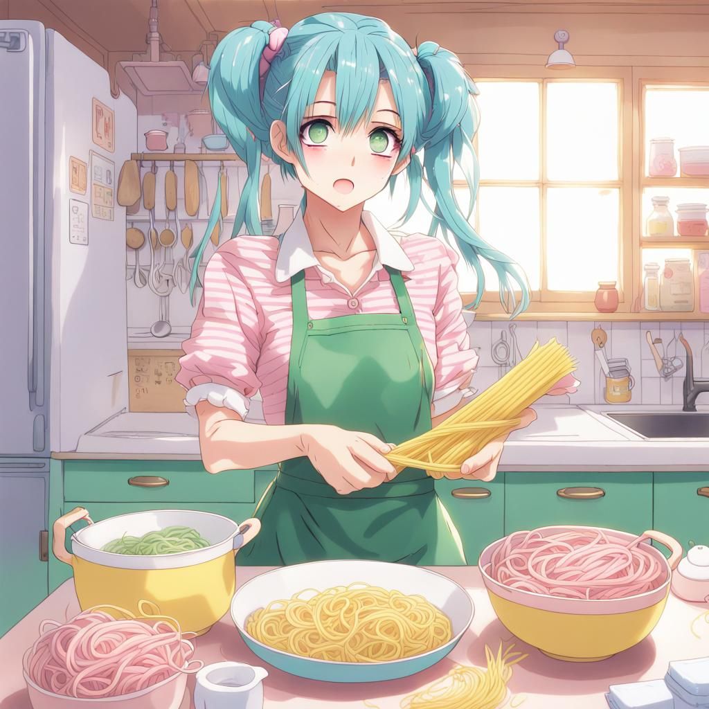 Anime Girl Opening Noodles in Aesthetic Kitchen