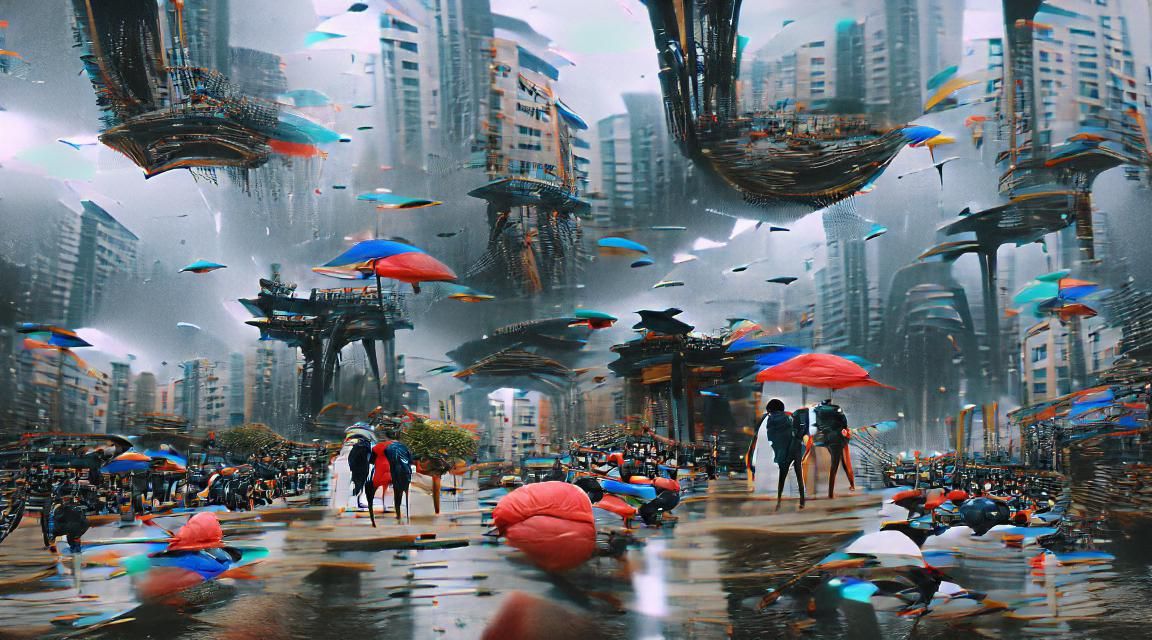 Rainy day at the city with lots of people walking and holdin...
