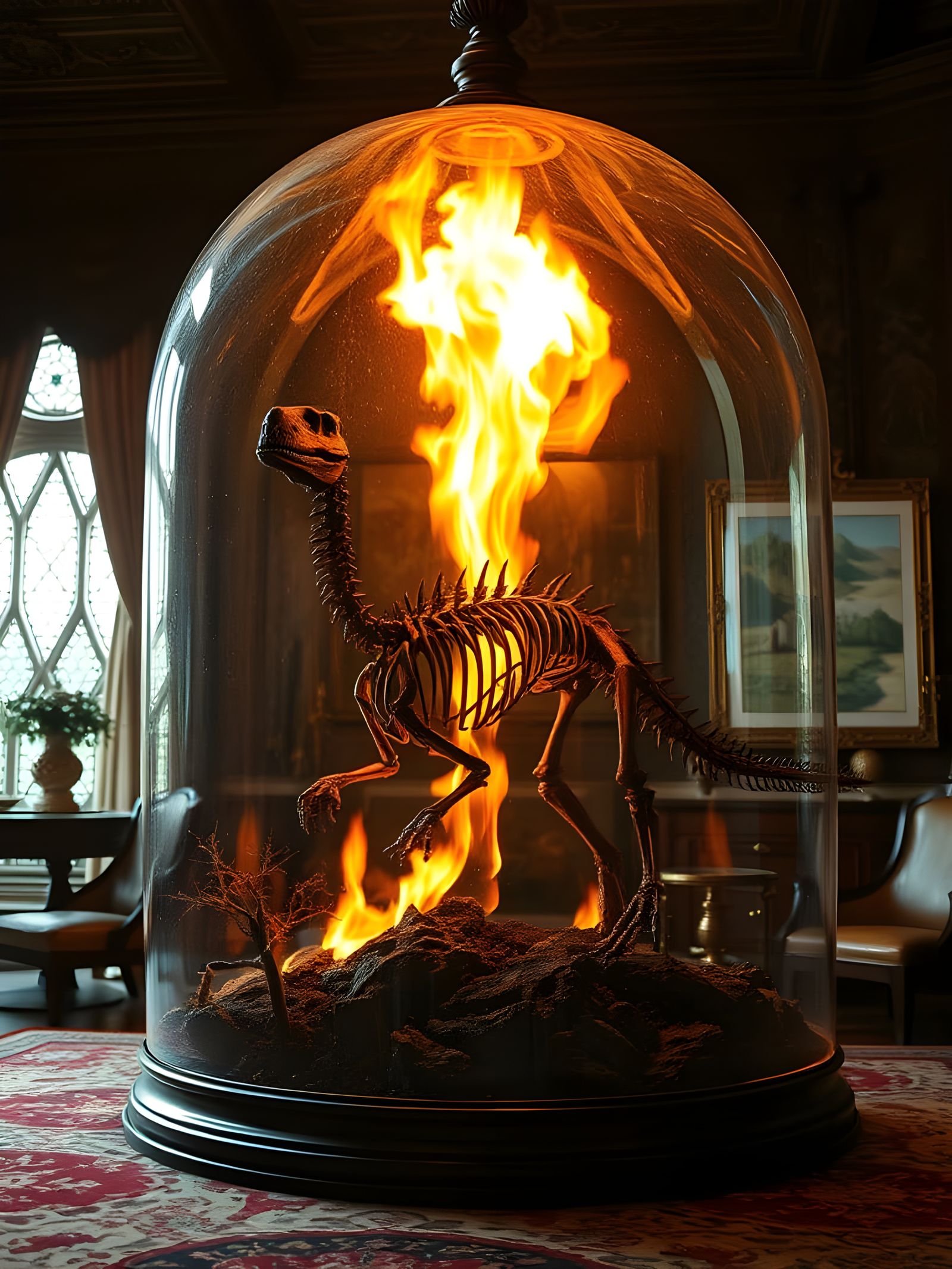 Dinosaur Skeleton in Victorian Parlor After Asteroid Impact