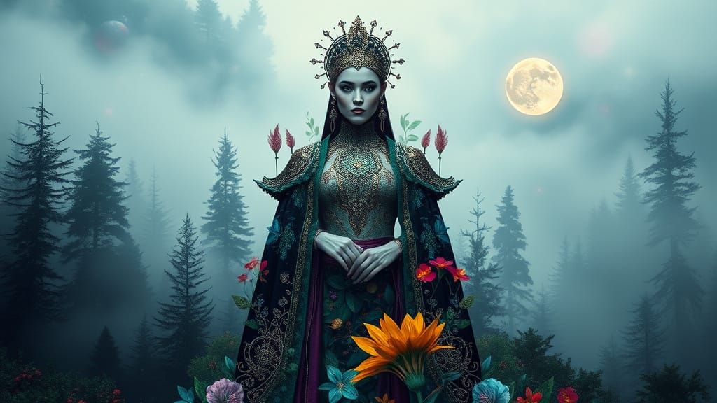Mystical Woman in Forest: Futuristic Ethereal Elegance