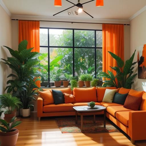 Vibrant Orange Living Room with Plants