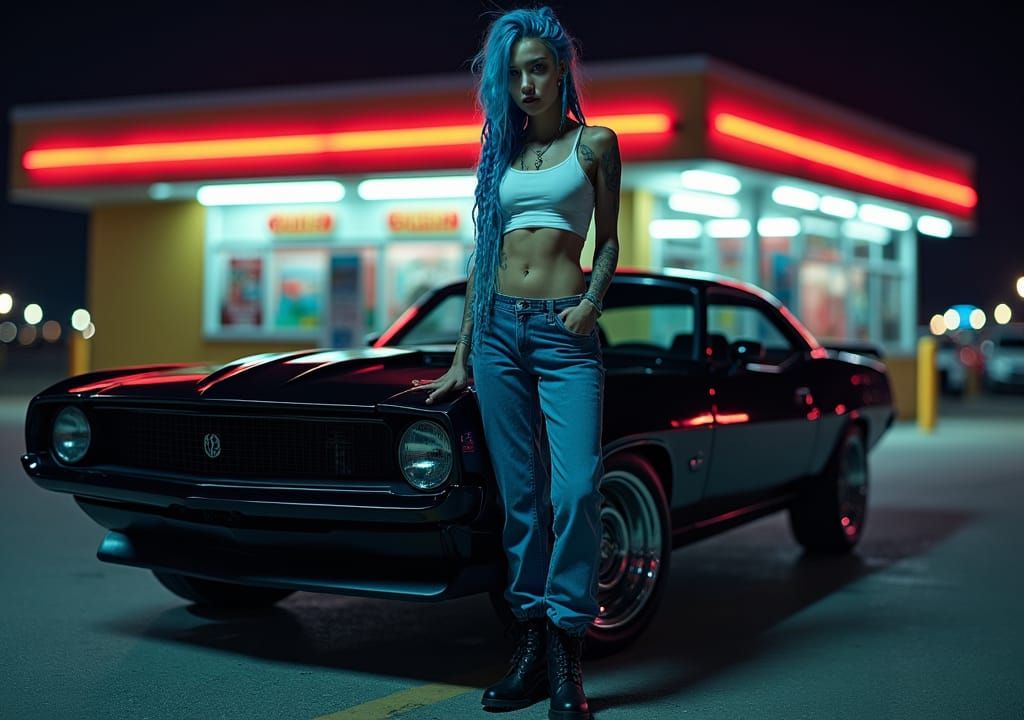 Blue Haired Woman with Muscle Car in Chiaroscuro