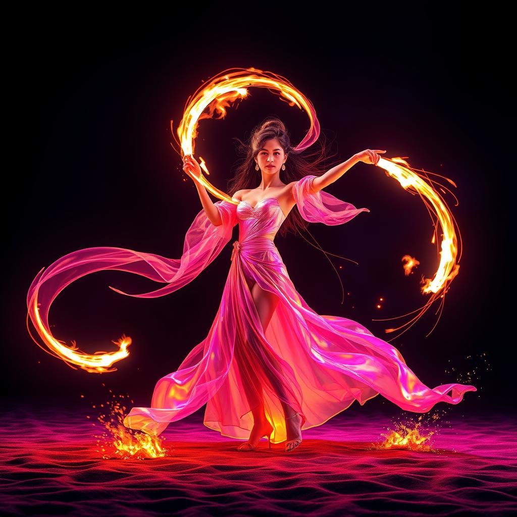 Mystical Fire Dancer's Light Display in Cyberpunk Style