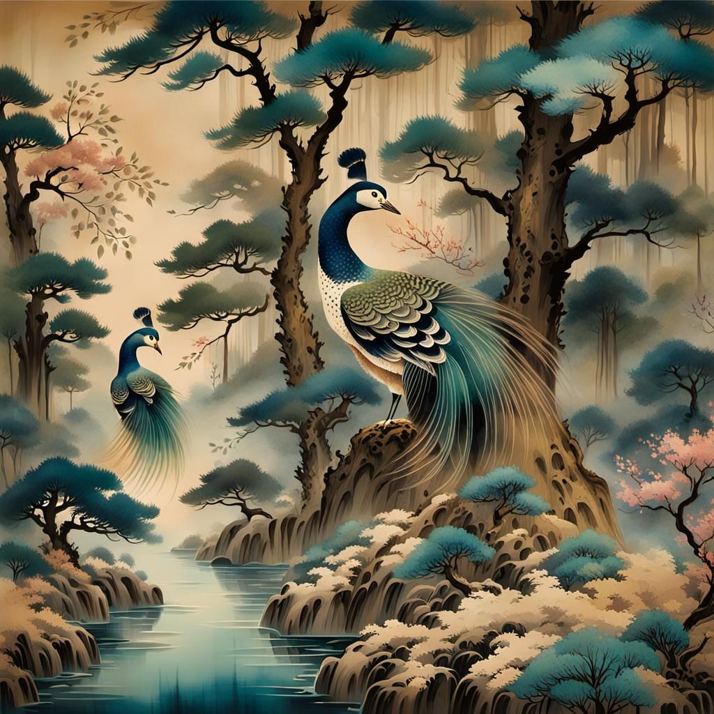 Luminous Forest in Chinese Ink and Watercolor Style