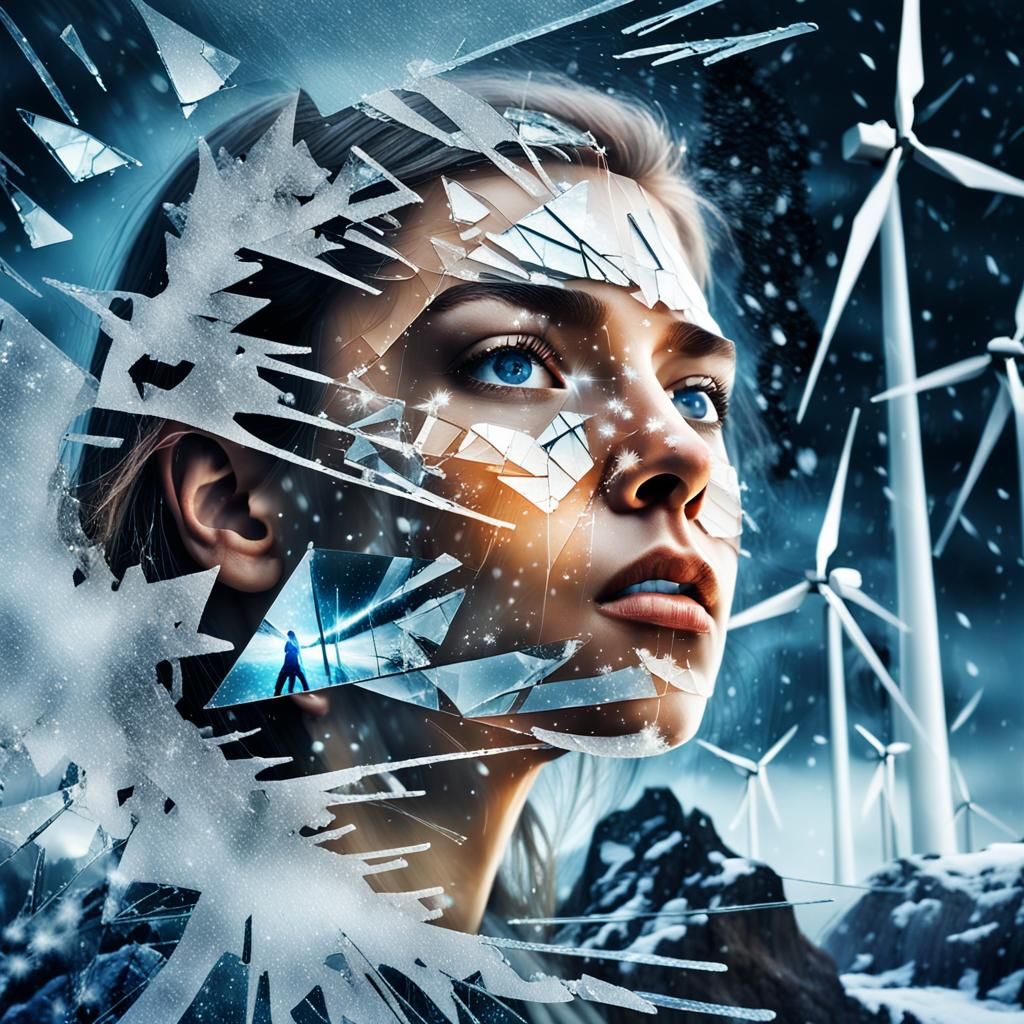 Surreal Double Exposure: Shattered Mirror in Snowy Landscape