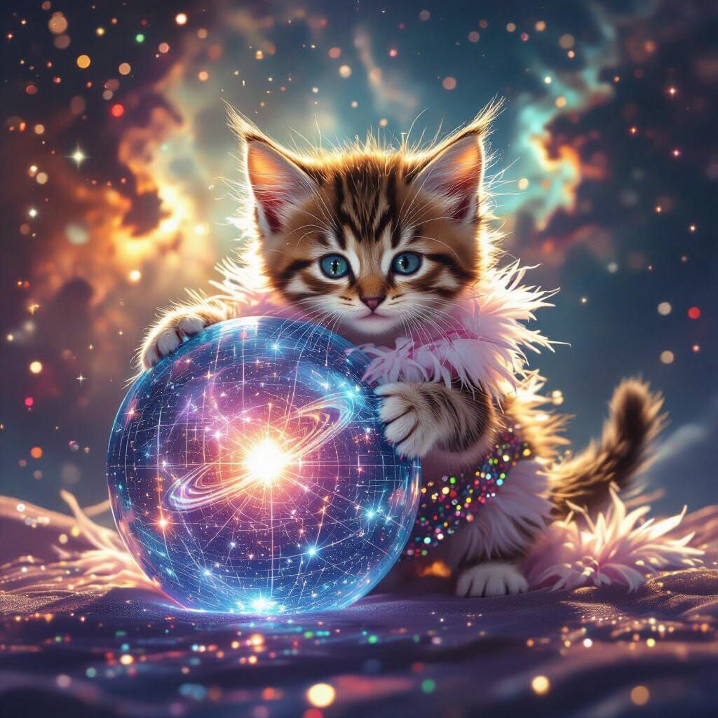 Kitten Showgirl Peeks from Behind Galactic Sphere