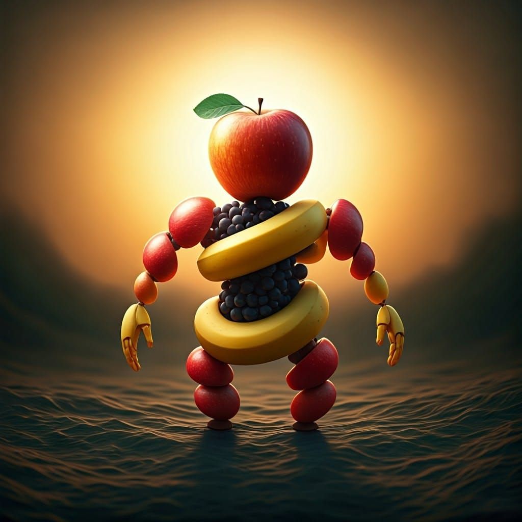 Heroic Fruit Entity in a Lush, Golden Light: Organic Texture...