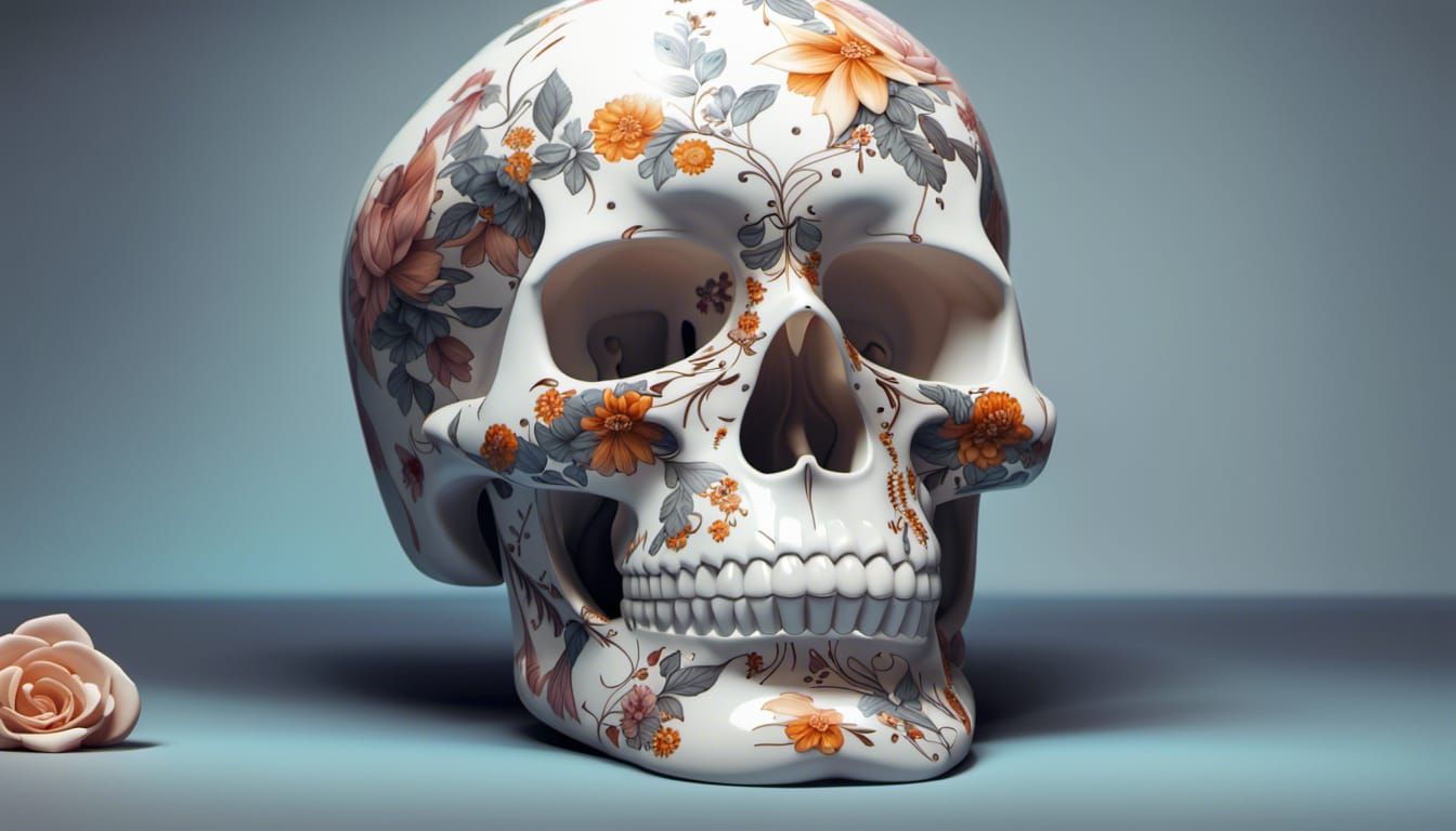 Floral Porcelain Skull in Detailed Digital Art