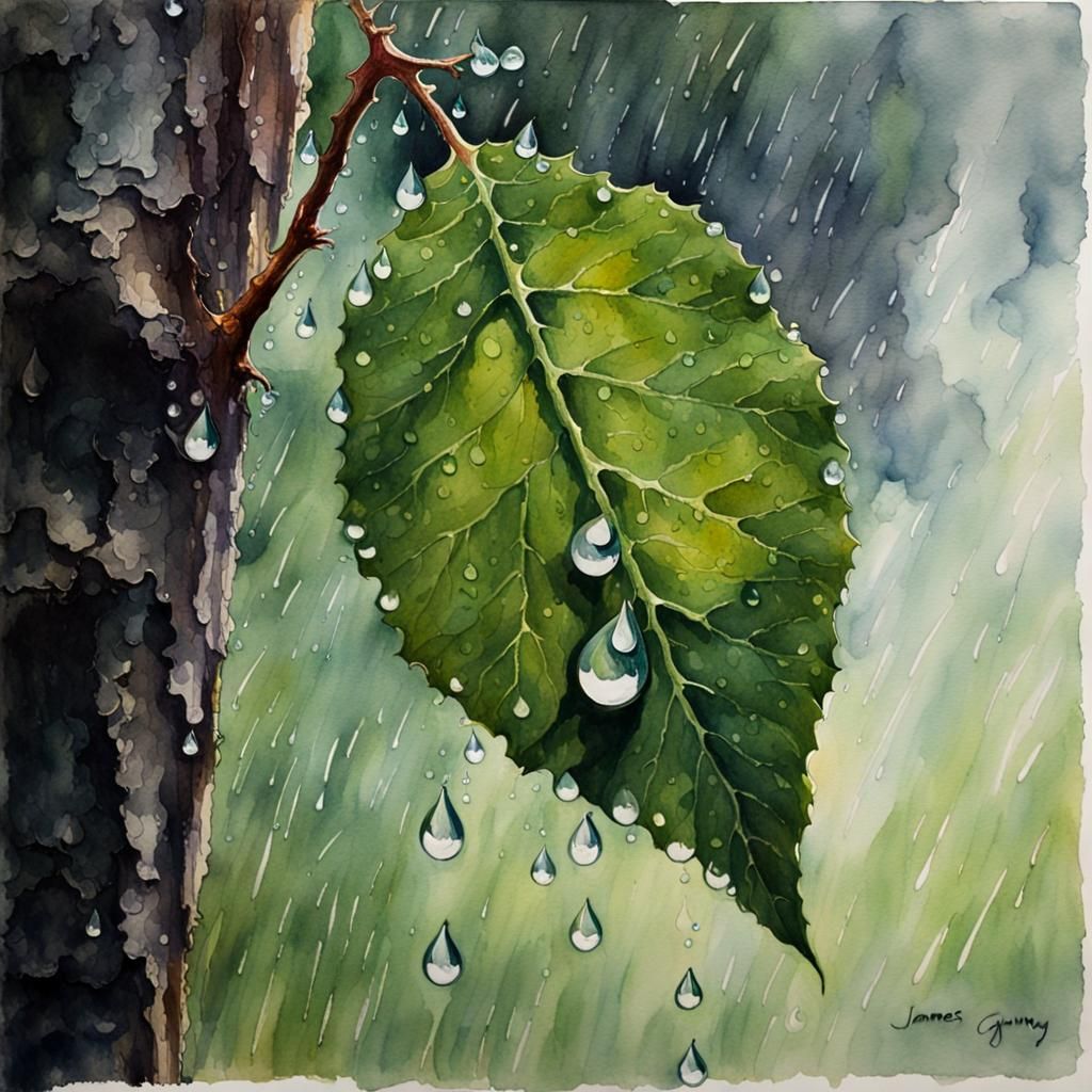 Green Leaf with Water Droplet as Mixed Media Painting