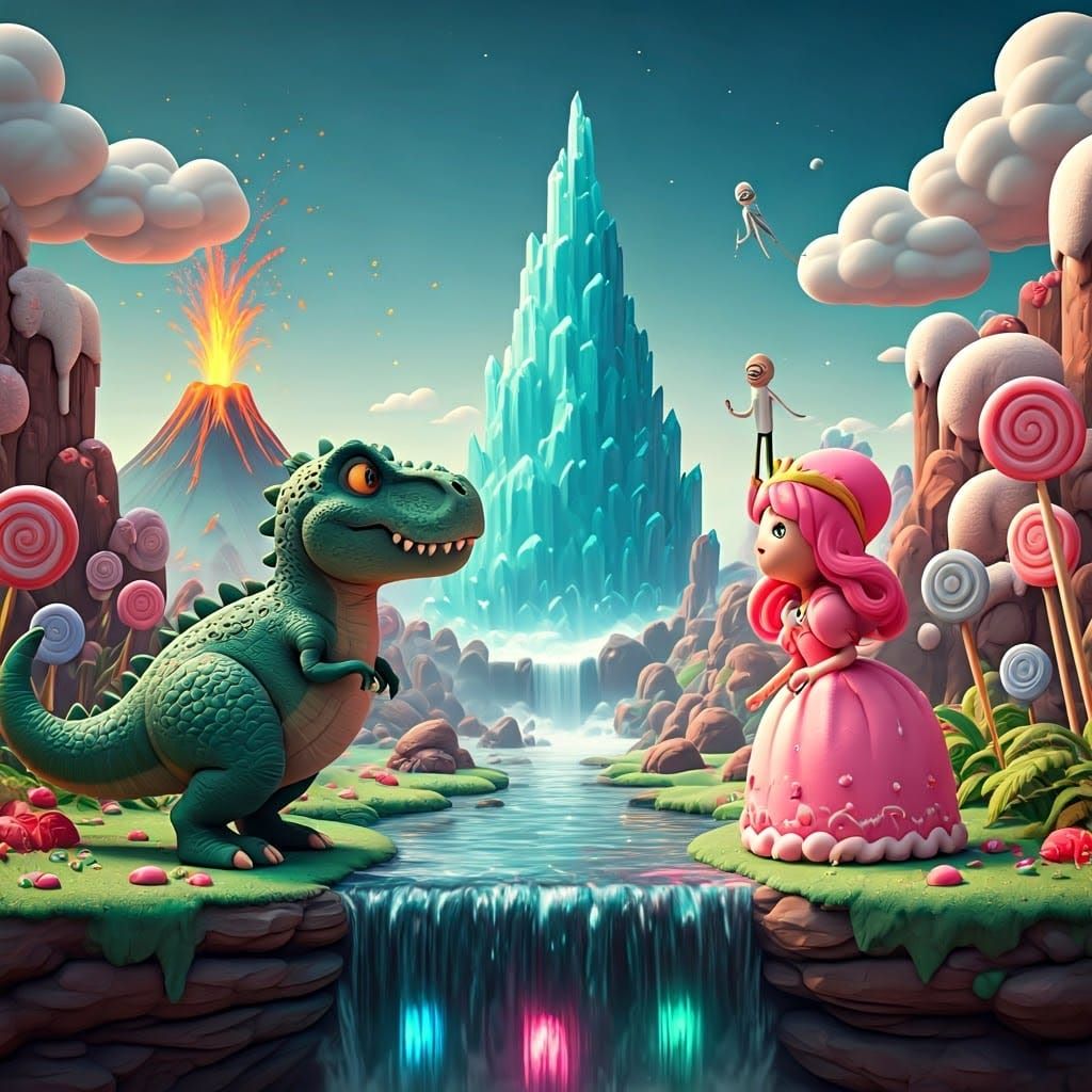 Claymation T-Rex and Princess in Whimsical Landscape