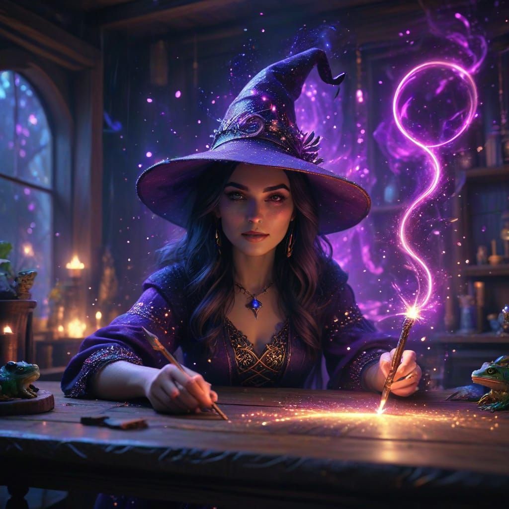 Whimsical Wizard with Neon Accents Casts Spell