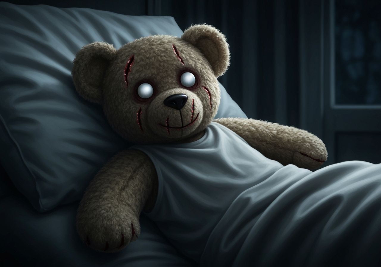 Terrifying Possessed Teddy Bear with White Eyes