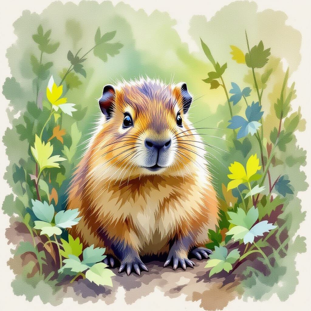 Tiny Fluffy Capybara in Impressionistic Pastel Garden