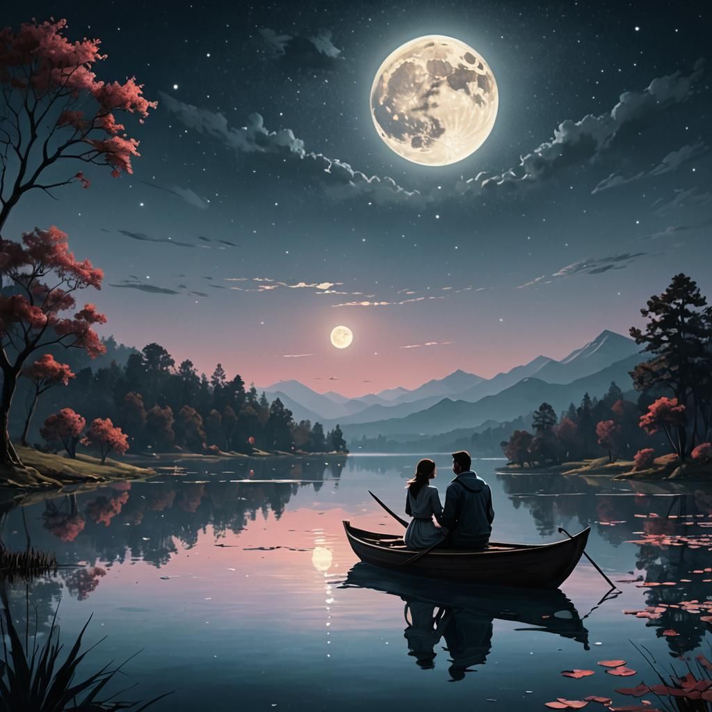 Lovers Under Moon on Lake in 5D Digital Art