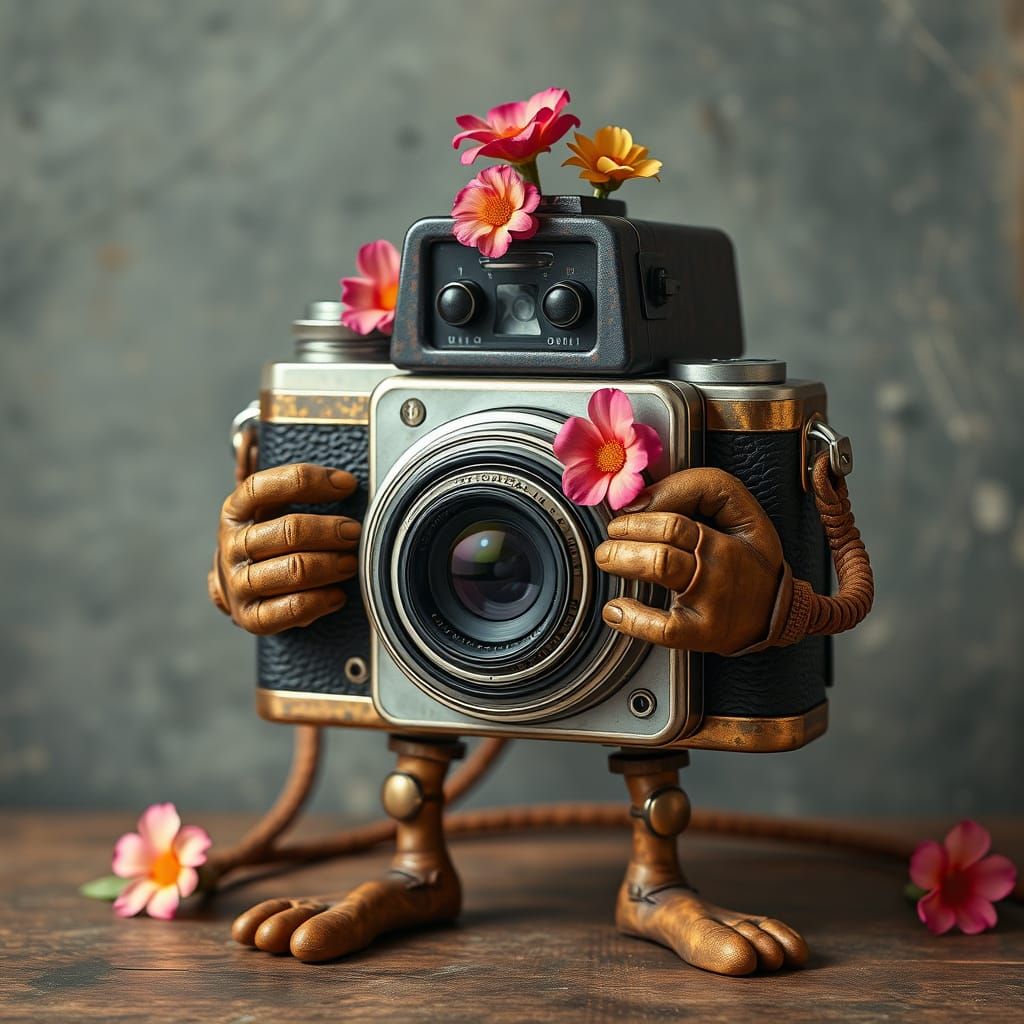 Anthropomorphic Camera Taking Flower Selfies