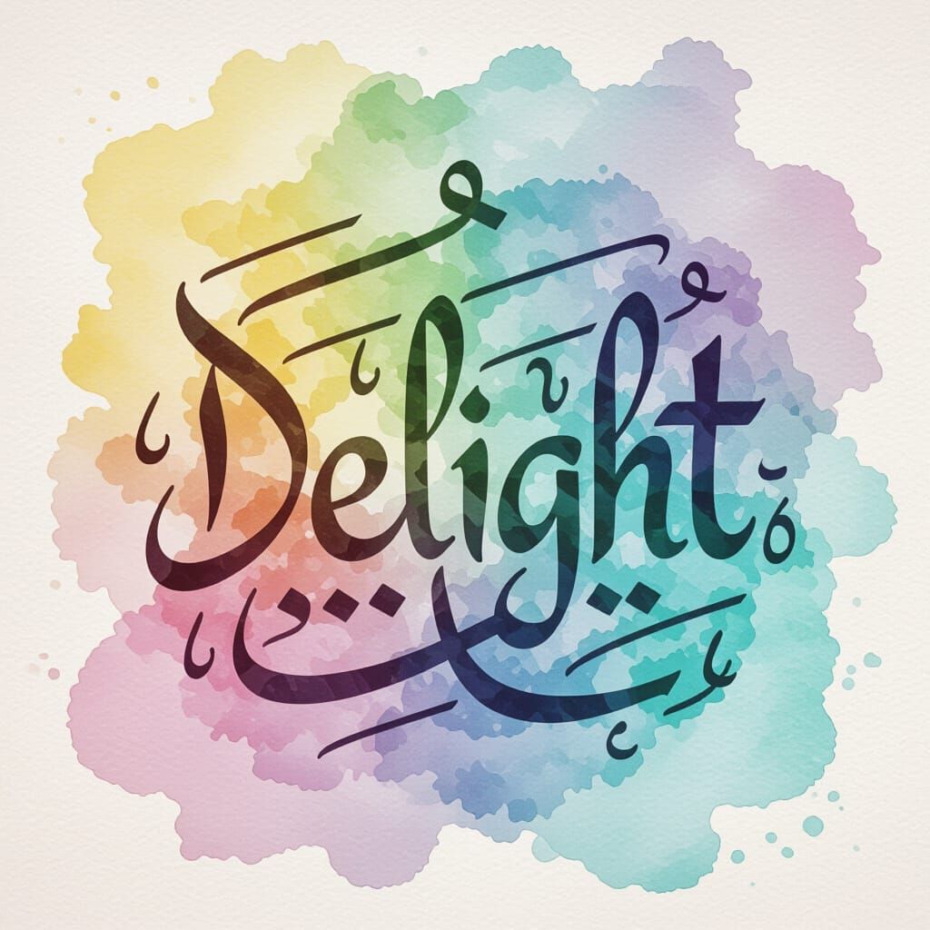An artwork with the text "Delight". The letters are in an Arabic-influenced calligraphy style. Watercolor background, gr...