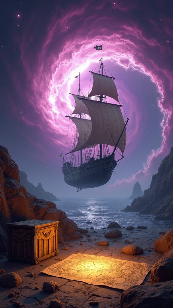 Space Pirate Ship Sails Through Cosmic Vortex in Fantastical...