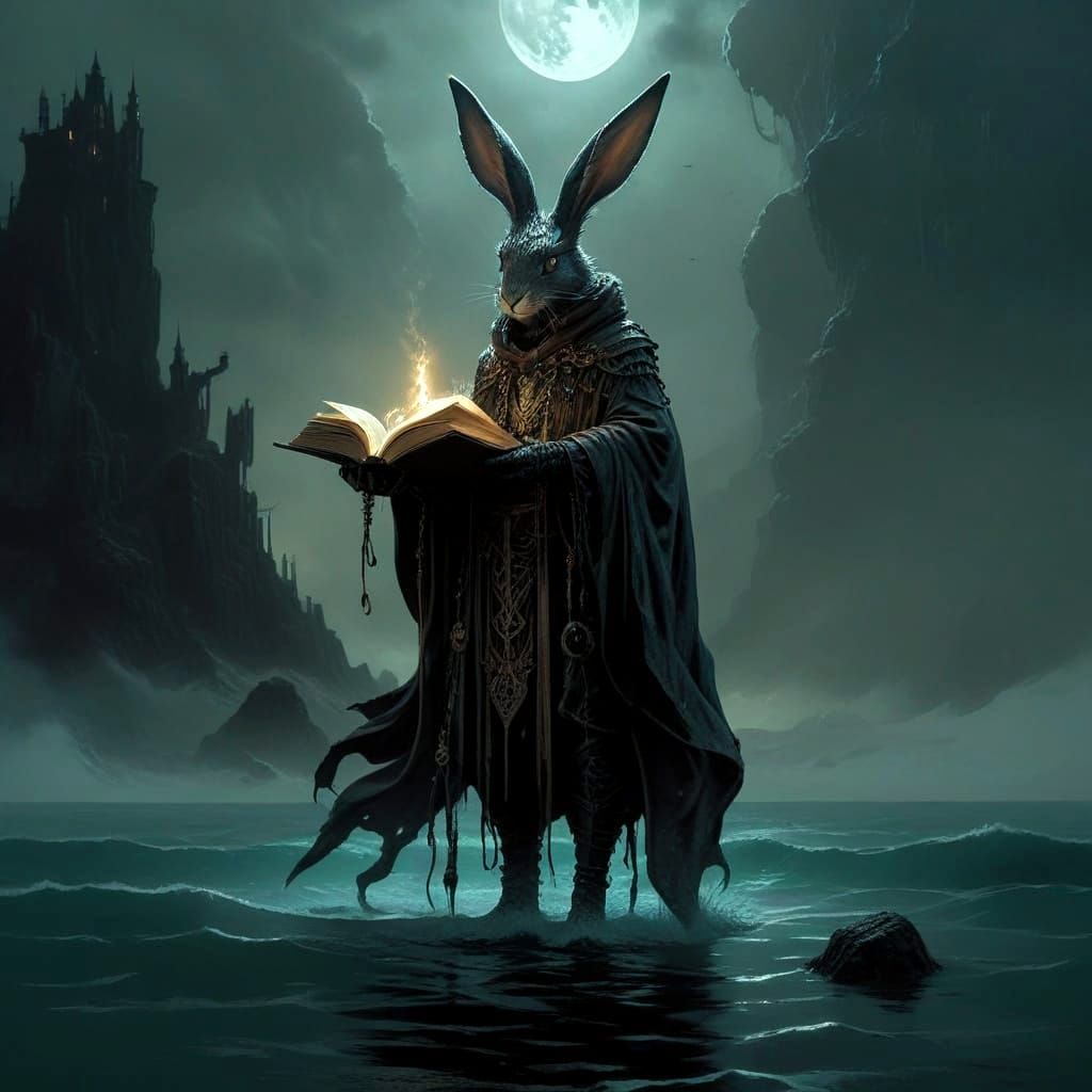 Enigmatic Bunny Stands at Ocean's Edge, Surrounded by Mystic...