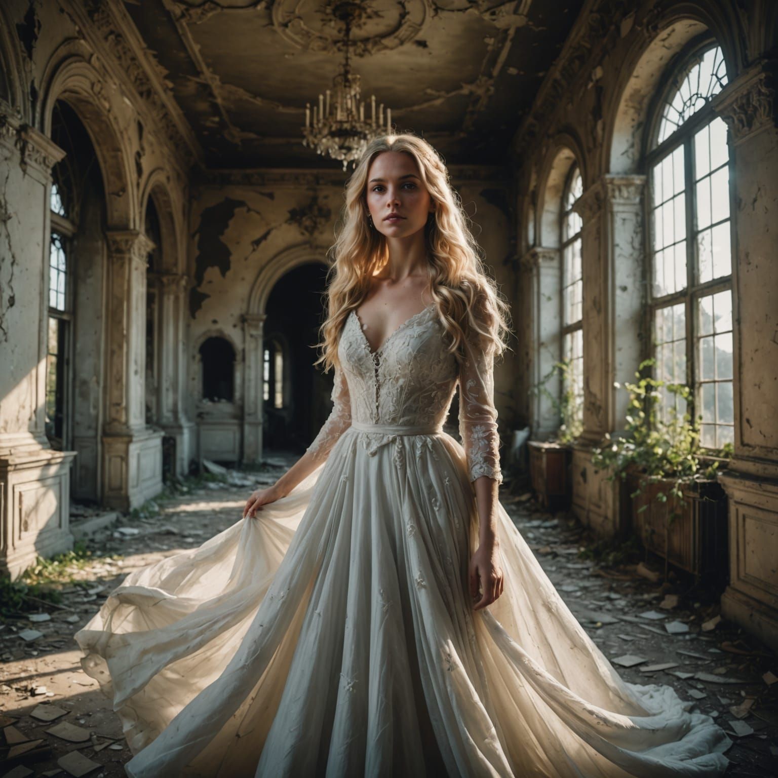 Ethereal Woman in Abandoned Castle: Photorealistic Image