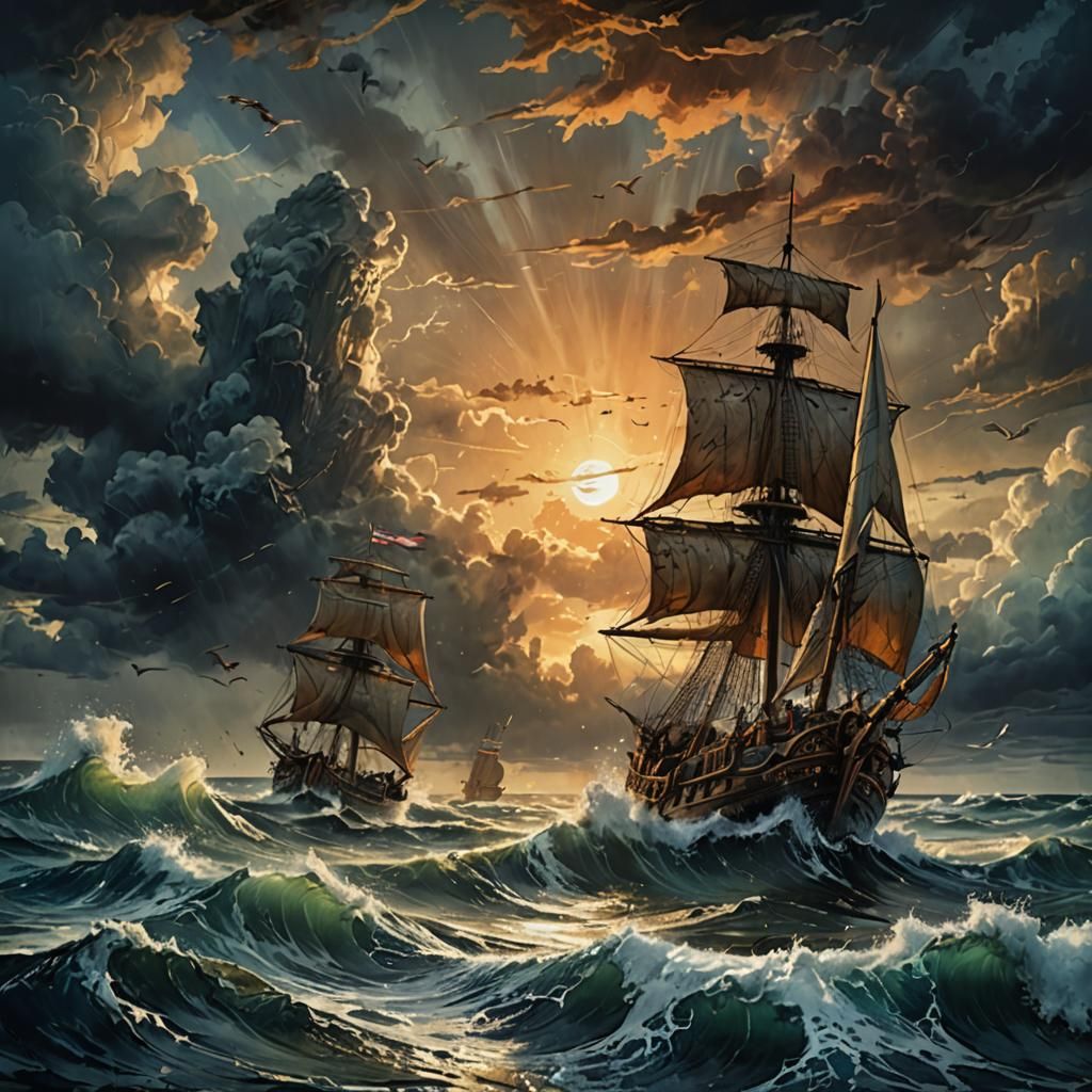 Kon-Tiki Expedition at Sunset: Epic Fantasy Artwork