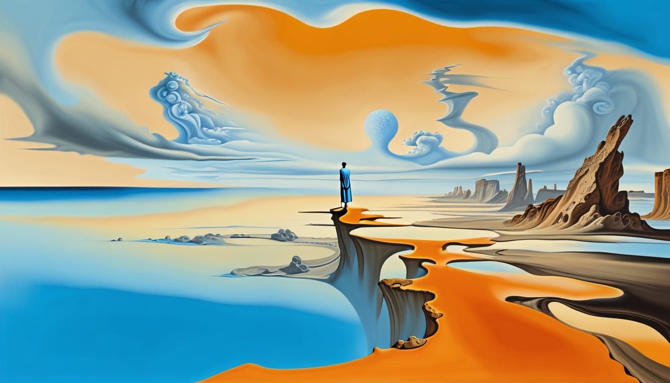 Surreal Coastline Landscape with Melting Lines and Turbulent...