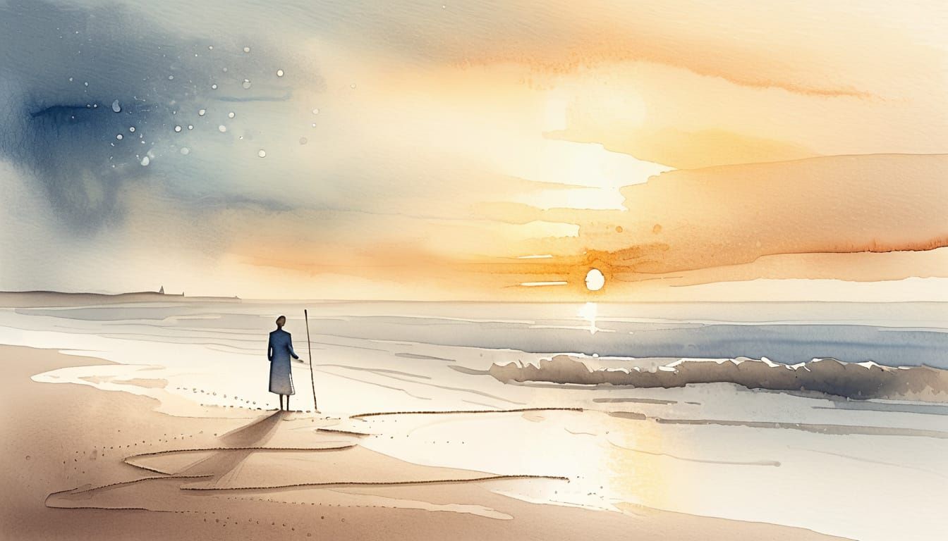 Surreal Figure on Sandy Beach, Lines Blending into Horizon a...