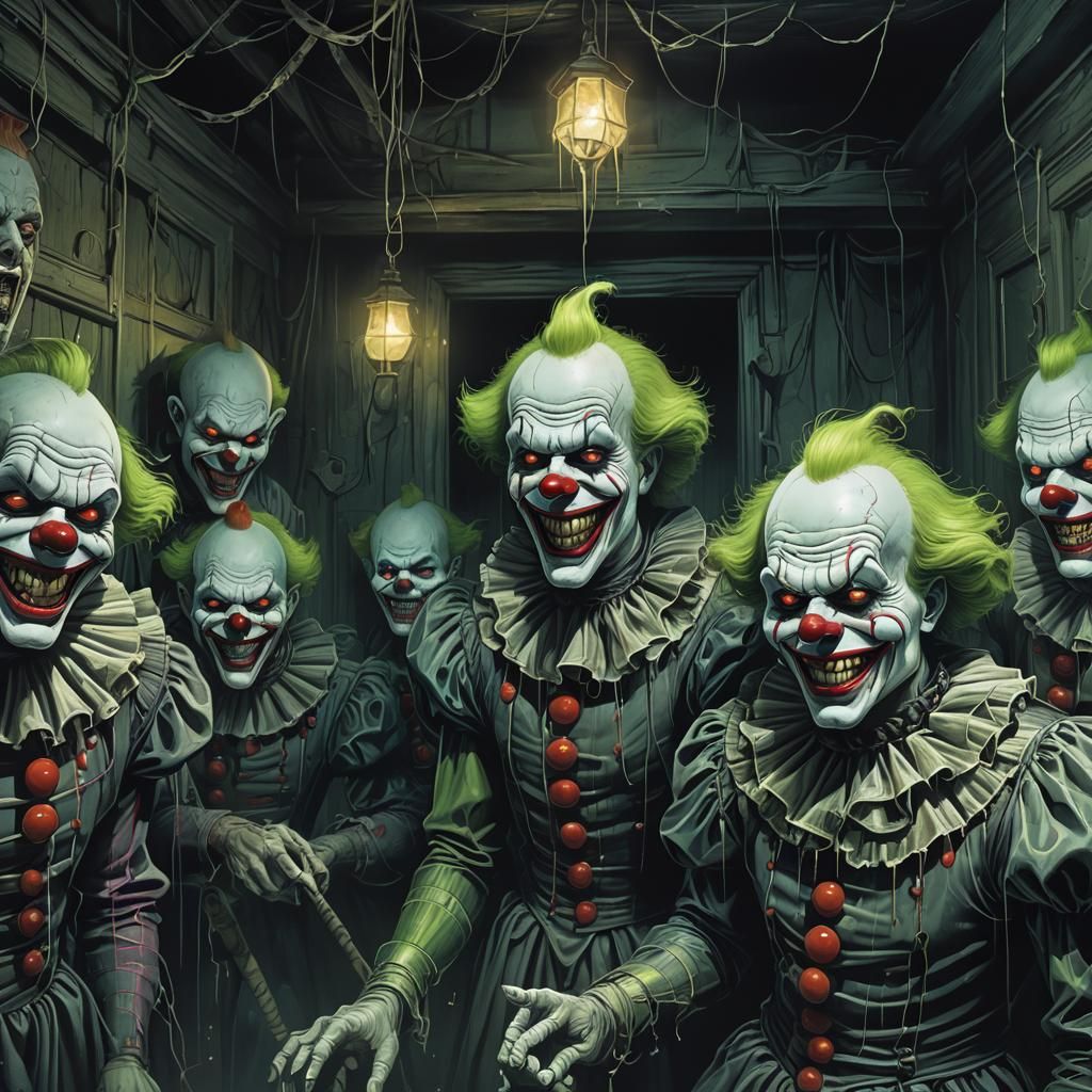 Creepy Clowns in Dimly Lit House: Surrealist Illustration