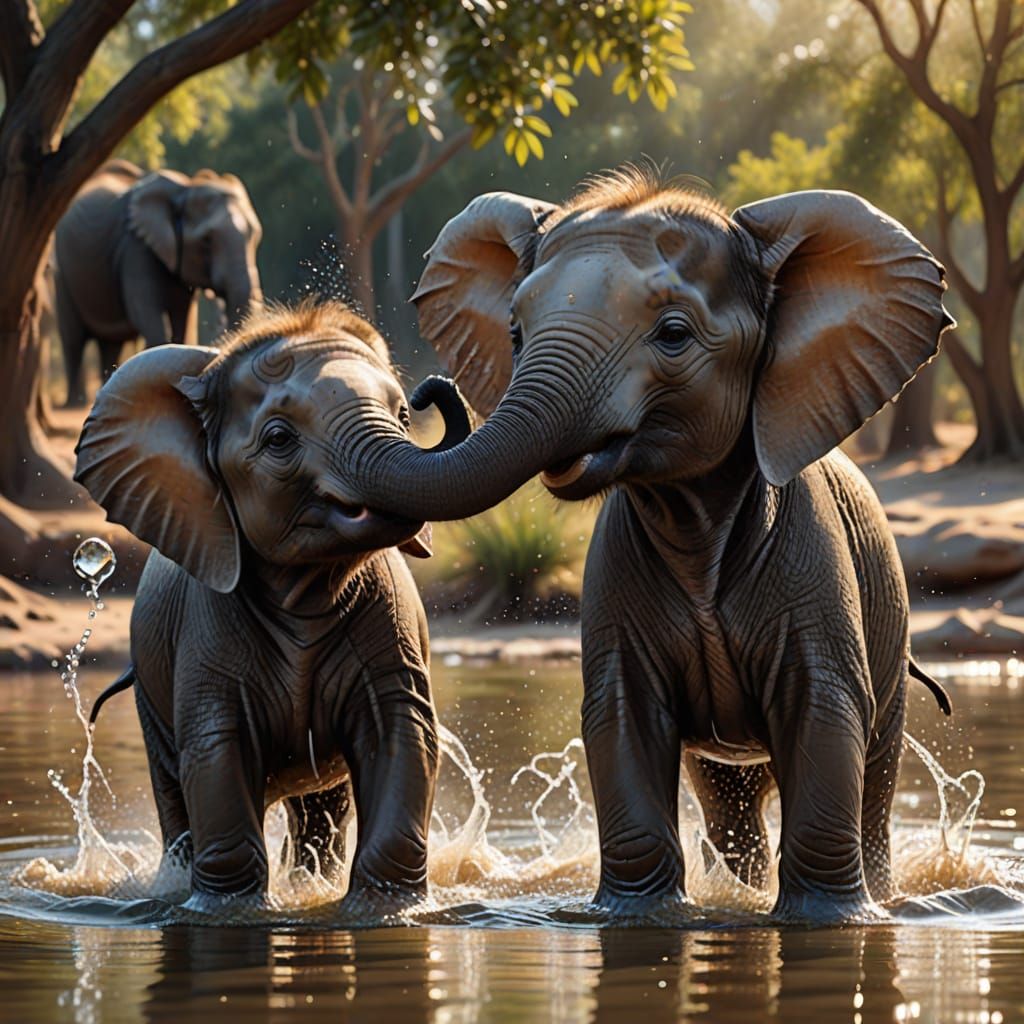 Baby Elephants Playing in Water, Captured in Realistic Digit...