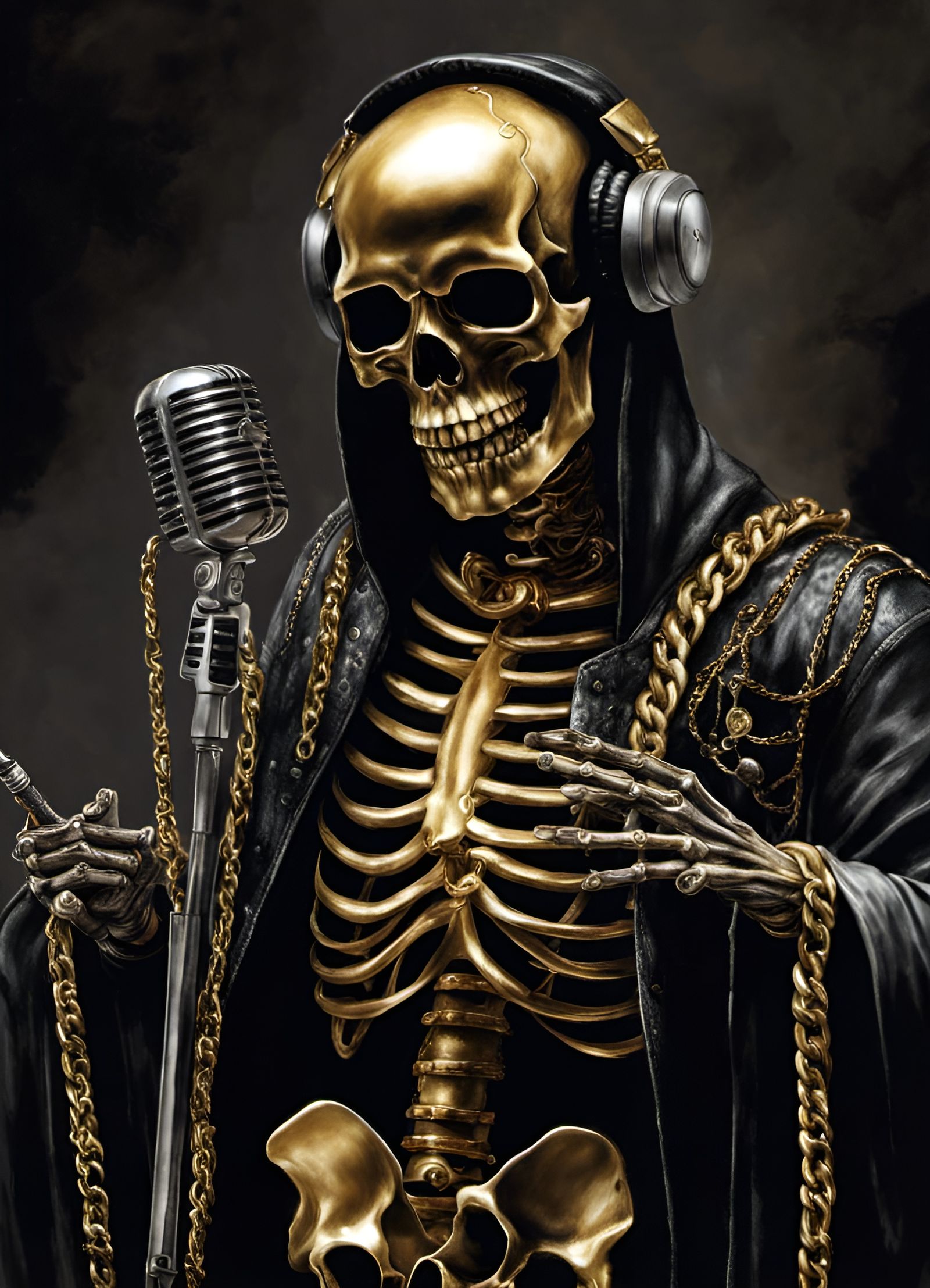 Gangsta Rap Skeleton Drops Mic, Dark Fantasy Style