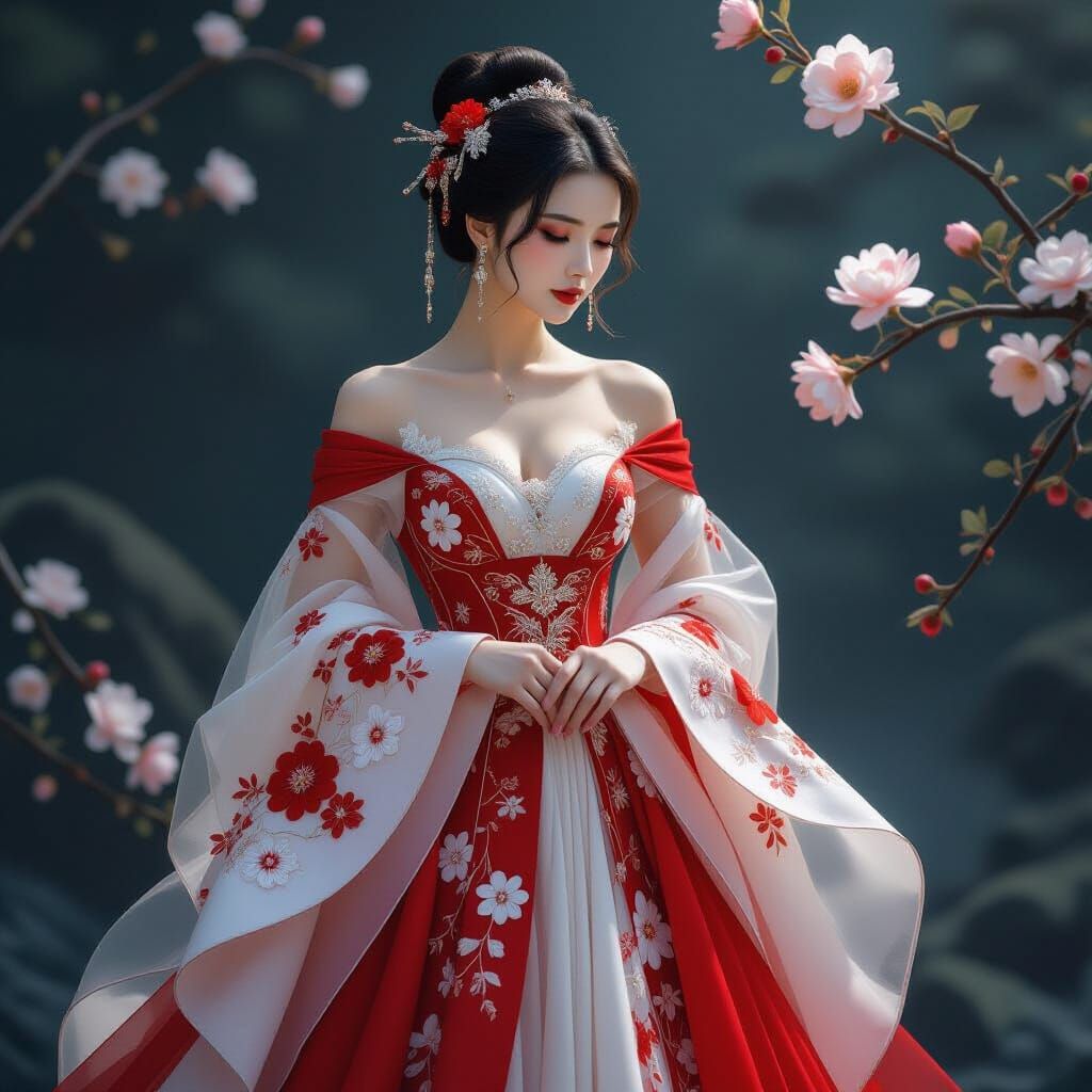 Ethereal Woman in Embroidered Dress, Lu Jian Jun Style