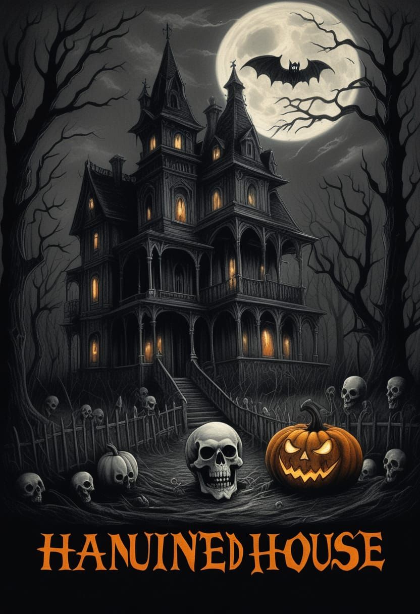 Penny Dreadful style haunted house at night, with a large pu...