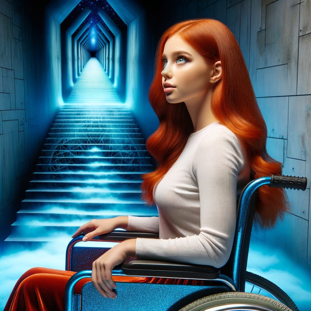 Woman in Wheelchair Faces Infinite Stairwell Symbolizing Lif...