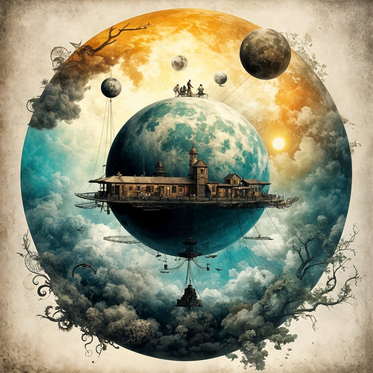 Earth Double Exposure: Steampunk Airships in Moon