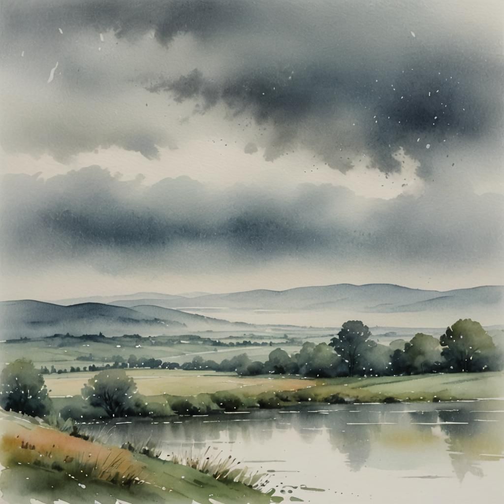 Glacis in Rain: Muted Watercolor Landscape