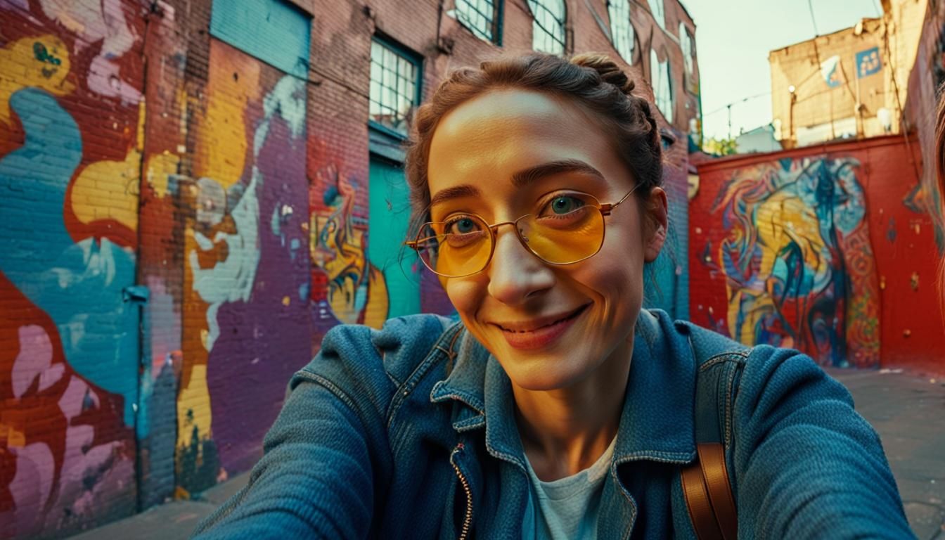 Woman's Selfie in Colorful Street Art Alleyway