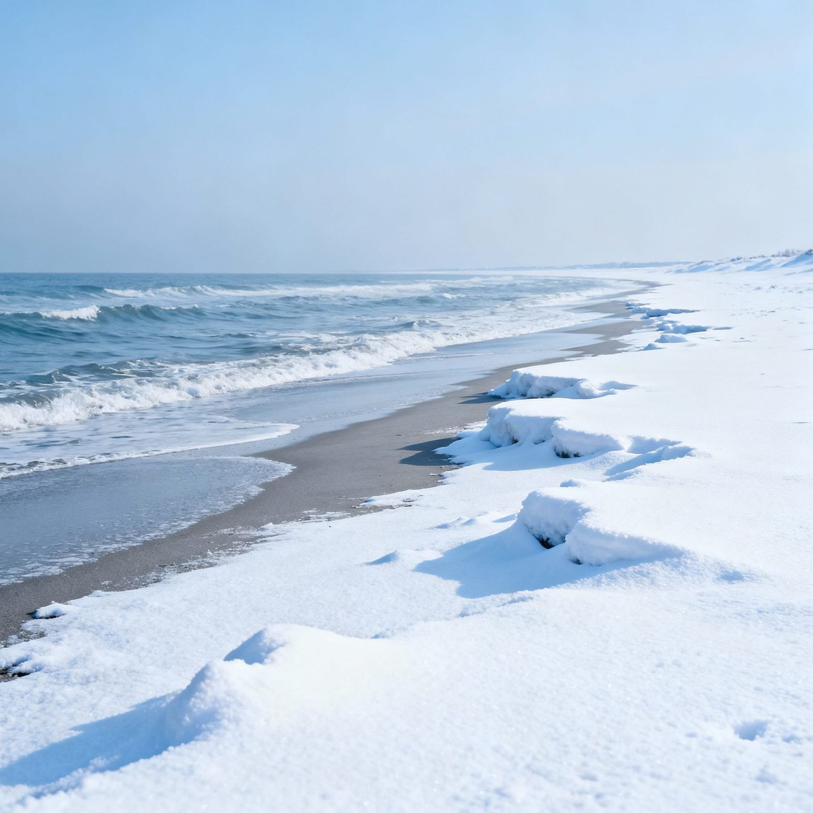 A snowy beach
