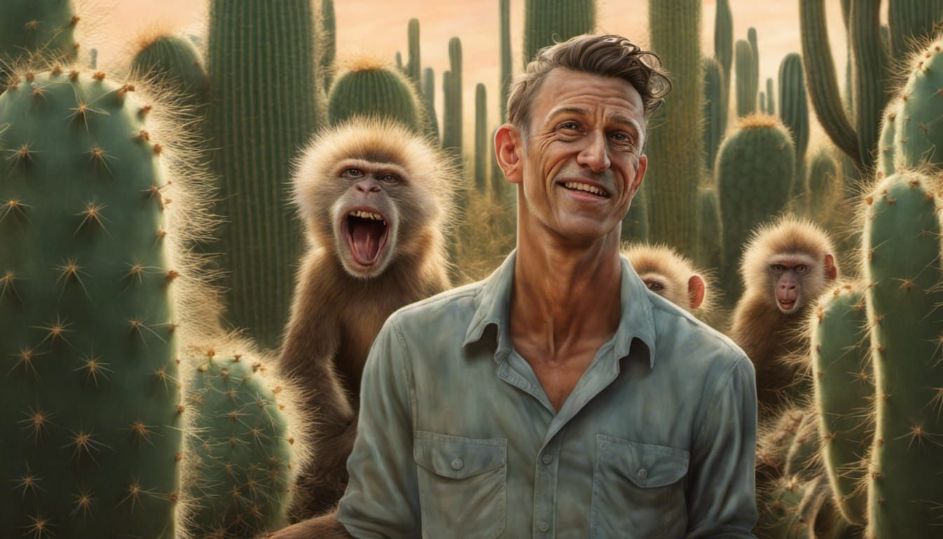 Man his fell in cactus,  monkeys laugh fart