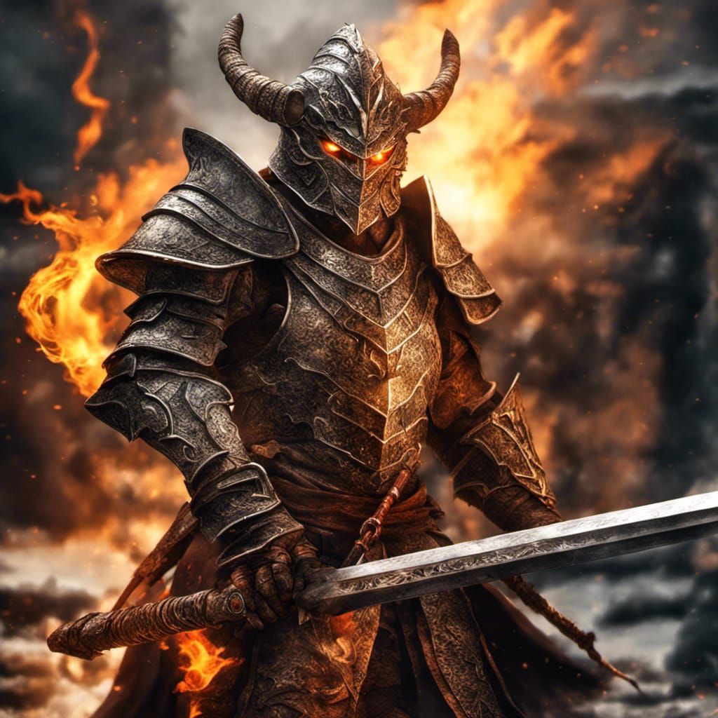 Dragonborn Paladin with Flaming Sword in HDR
