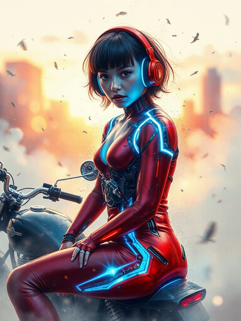 A mecha cyberpunk woman riding a Harley Davidson motorcycle