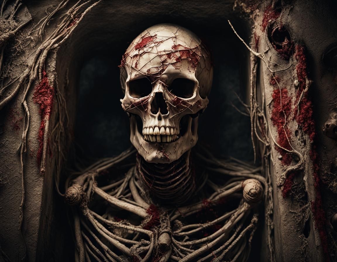 Mummified Skull in Sarcophagus: Cinematic Digital Art