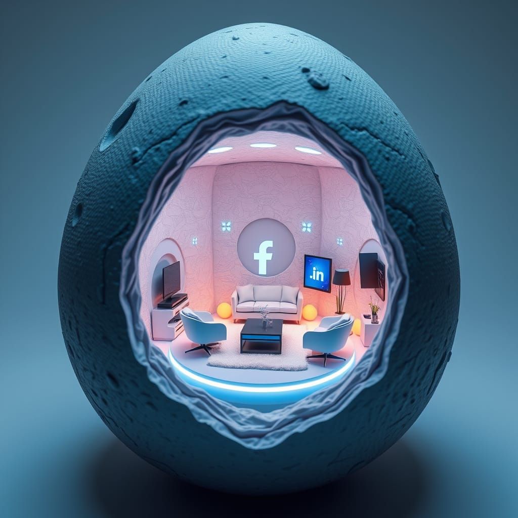 Surreal Futuristic Egg Diorama with Glowing Facebook Interfa...