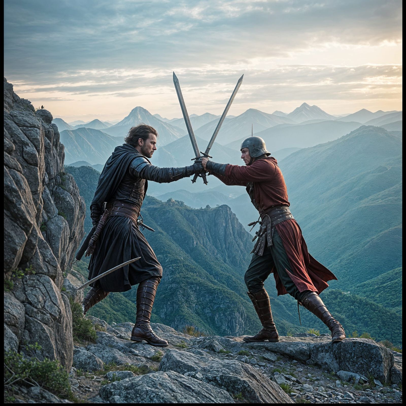 Epic Moebius-Inspired Swordfighters on a Dramatic Mountainsi...